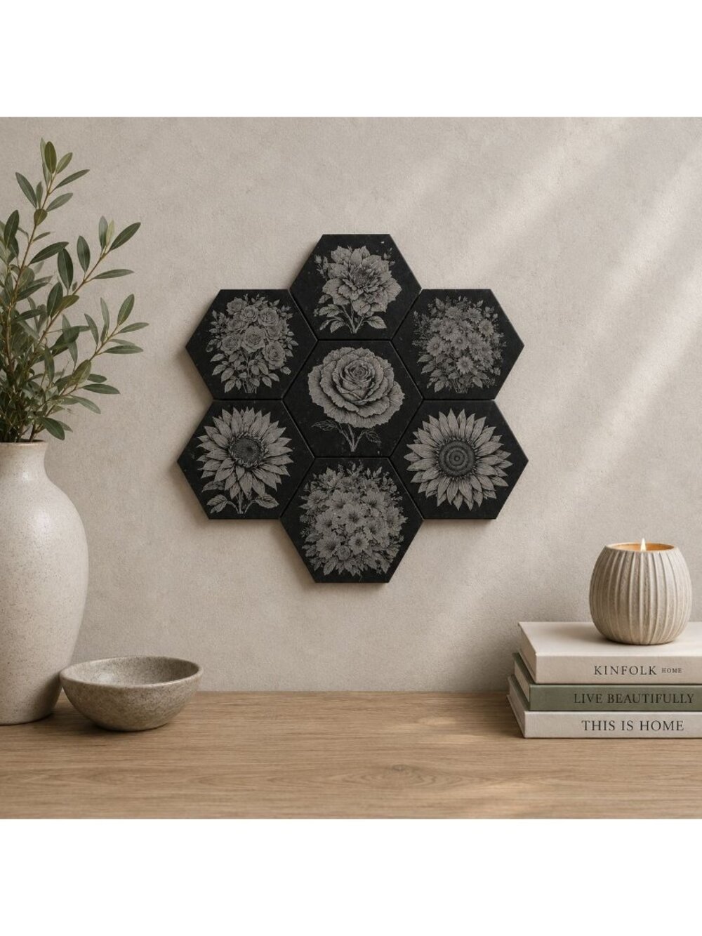 Hexagonal Flower Tiles Set of 7 Engraved Flowers 3" Mosaic Tile